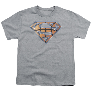 Athletic heather youth t-shirt for ages 8 to 12 with Superman Basketball Shield graphic