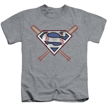Athletic heather kid's t-shirt for ages 4 to 7 with Superman Crossed Bats graphic