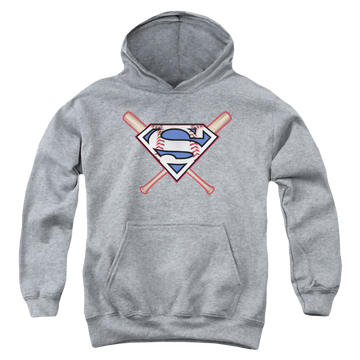 Athletic heather youth hoodie for ages 8 to 12 with Superman Crossed Bats graphic