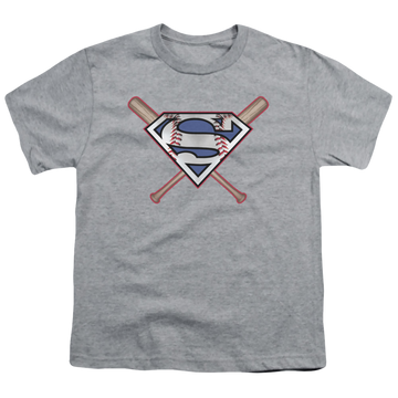 Athletic heather youth t-shirt for ages 8 to 12 with Superman Crossed Bats graphic