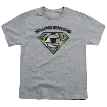 Athletic heather youth t-shirt for ages 8 to 12 with Superman Soccer Shield graphic
