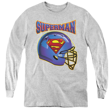 Athletic heather youth long sleeve t-shirt with Superman Helmet graphic