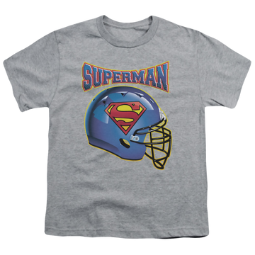 Athletic heather youth t-shirt for ages 8 to 12 with Superman Helmet graphic