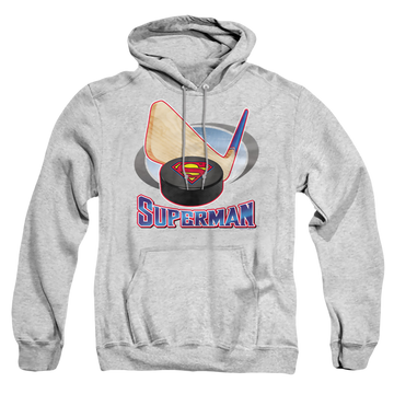 Athletic heather pullover hoodie with Superman Hockey Stick graphic