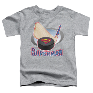 Athletic heather kid's t-shirt for ages 4 to 7 with Superman Hockey Stick graphic