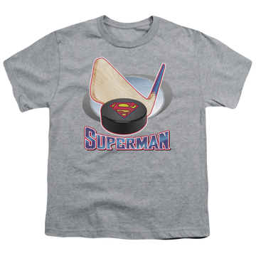 Athletic heather youth t-shirt for ages 8 to 12 with Superman Hockey Stick graphic