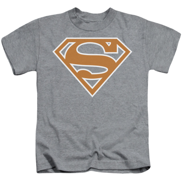 Athletic heather kid's t-shirt for ages 4 to 7 with Superman Burnt Orange&White Shield graphic