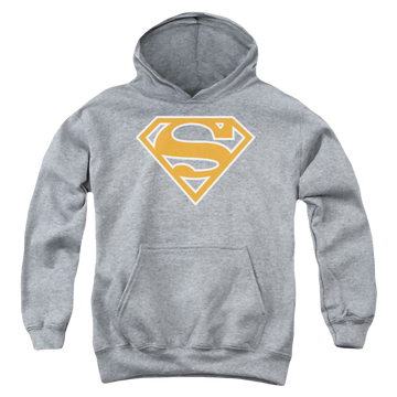 Athletic heather youth hoodie for ages 8 to 12 with Superman Burnt Orange&White Shield graphic