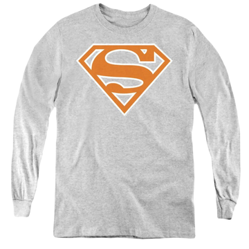 Athletic heather youth long sleeve t-shirt with Superman Burnt Orange&White Shield graphic