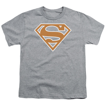 Athletic heather youth t-shirt for ages 8 to 12 with Superman Burnt Orange&White Shield graphic