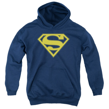 Navy youth hoodie for ages 8 to 12 with Superman Maize & Blue Shield graphic