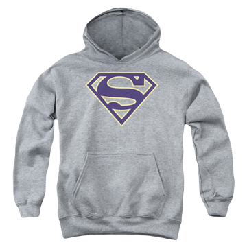 Athletic heather youth hoodie for ages 8 to 12 with Superman Navy & Gold Shield graphic