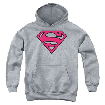 Athletic heather youth hoodie for ages 8 to 12 with Superman Red & Black Shield graphic