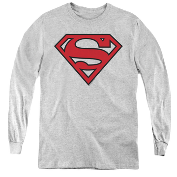 Athletic heather youth long sleeve t-shirt with Superman Red & Black Shield graphic