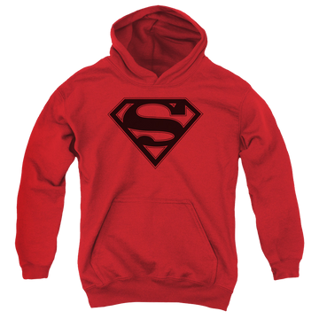 Red youth hoodie for ages 8 to 12 with Superman Red & Black Shield graphic