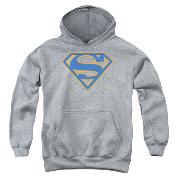 Athletic heather youth hoodie for ages 8 to 12 with Superman Blue & Orange Shield graphic