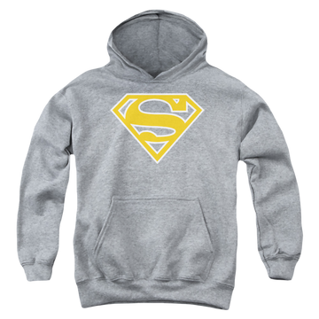 Athletic heather youth hoodie for ages 8 to 12 with Superman Lt Orange & White Shield graphic