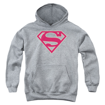 Athletic heather youth hoodie for ages 8 to 12 with Superman Crimson & Gray Shield graphic
