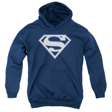 Navy youth hoodie for ages 8 to 12 with Superman Navy & White Shield graphic