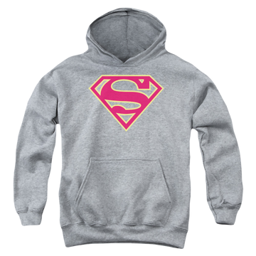 Athletic heather youth hoodie for ages 8 to 12 with Superman Red & Gold Shield graphic