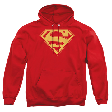 Red pullover hoodie with Superman Red & Gold Shield graphic