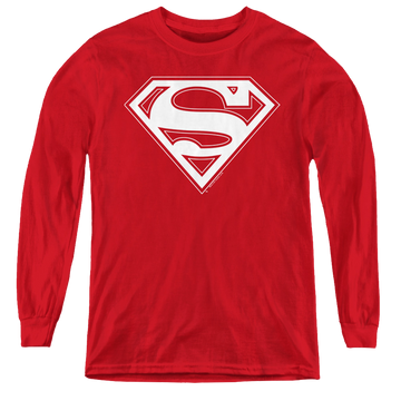 Red youth long sleeve t-shirt with Superman Red & Gold Shield graphic