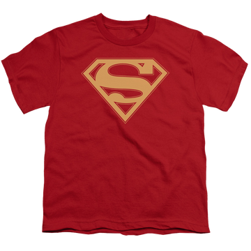 Red youth t-shirt for ages 8 to 12 with Superman Red & Gold Shield graphic