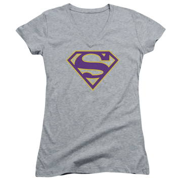 Superman Purple & Gold Shield - Juniors V-Neck T-Shirt Juniors V-Neck T-Shirt Superman