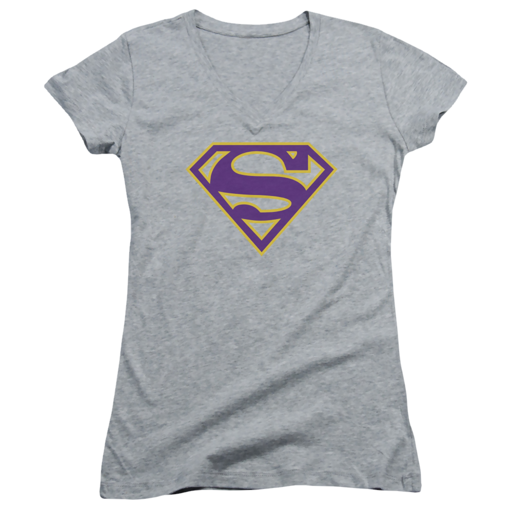 Superman Purple & Gold Shield - Juniors V-Neck T-Shirt Juniors V-Neck T-Shirt Superman
