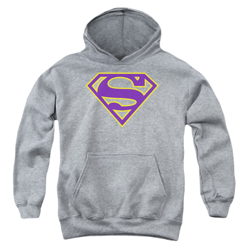 Athletic heather youth hoodie for ages 8 to 12 with Superman Purple & Gold Shield graphic