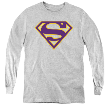 Athletic heather youth long sleeve t-shirt with Superman Purple & Gold Shield graphic