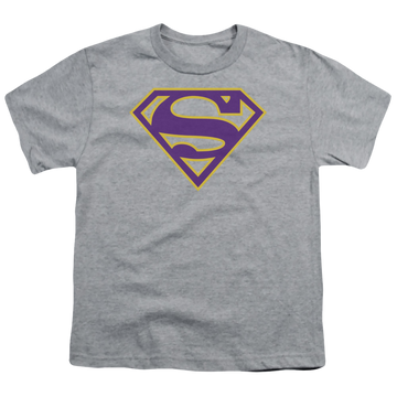 Athletic heather youth t-shirt for ages 8 to 12 with Superman Purple & Gold Shield graphic
