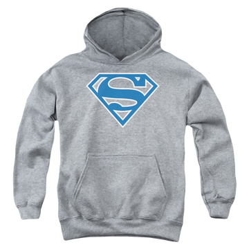 Athletic heather youth hoodie for ages 8 to 12 with Superman Blue & White Shield graphic