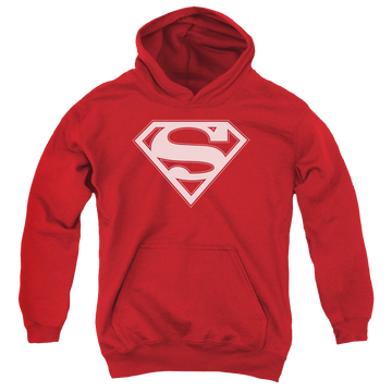 Red youth hoodie for ages 8 to 12 with Superman Red & White Shield graphic
