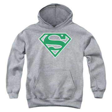 Athletic heather youth hoodie for ages 8 to 12 with Superman Green & White Shield graphic
