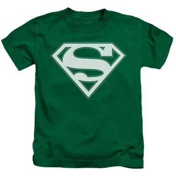 Kelly green kid's t-shirt for ages 4 to 7 with Superman Green & White Shield graphic