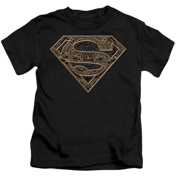 Black kid's t-shirt for ages 4 to 7 with Superman Aztec Shield graphic