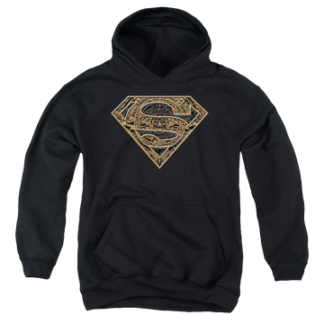 Black youth hoodie for ages 8 to 12 with Superman Aztec Shield graphic