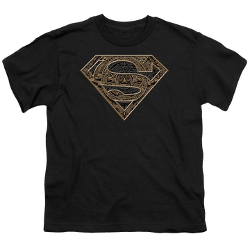 Black youth t-shirt for ages 8 to 12 with Superman Aztec Shield graphic