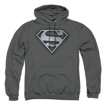 Charcoal pullover hoodie with Superman Duct Tape Shield graphic