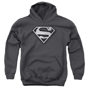 Charcoal youth hoodie for ages 8 to 12 with Superman Duct Tape Shield graphic