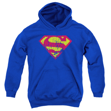 Royal youth hoodie for ages 8 to 12 with Superman Classic Logo Distressed graphic
