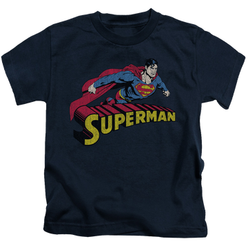 Navy kid's t-shirt for ages 4 to 7 with Superman Flying Over graphic
