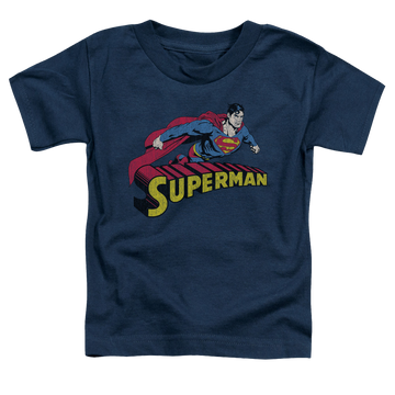 Navy toddler t-shirt with Superman Flying Over graphic