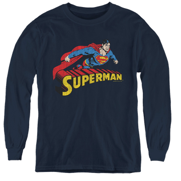 Navy youth long sleeve t-shirt with Superman Flying Over graphic