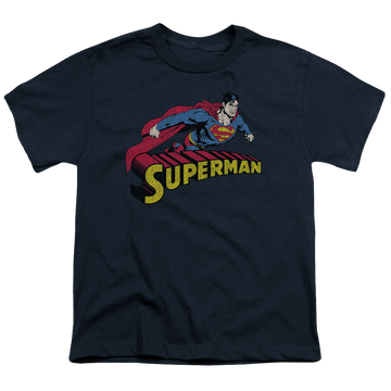 Navy youth t-shirt for ages 8 to 12 with Superman Flying Over graphic