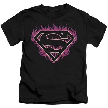 Black kid's t-shirt for ages 4 to 7 with Superman Fuchsia Flames graphic