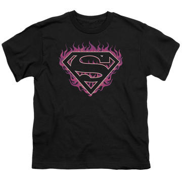 Black youth t-shirt for ages 8 to 12 with Superman Fuchsia Flames graphic