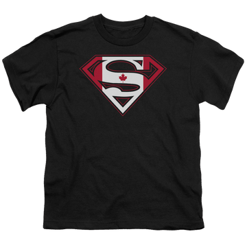 Black youth t-shirt for ages 8 to 12 with Superman Canadian Shield graphic