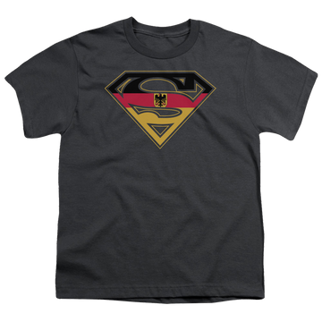 Charcoal youth t-shirt for ages 8 to 12 with Superman German Shield graphic